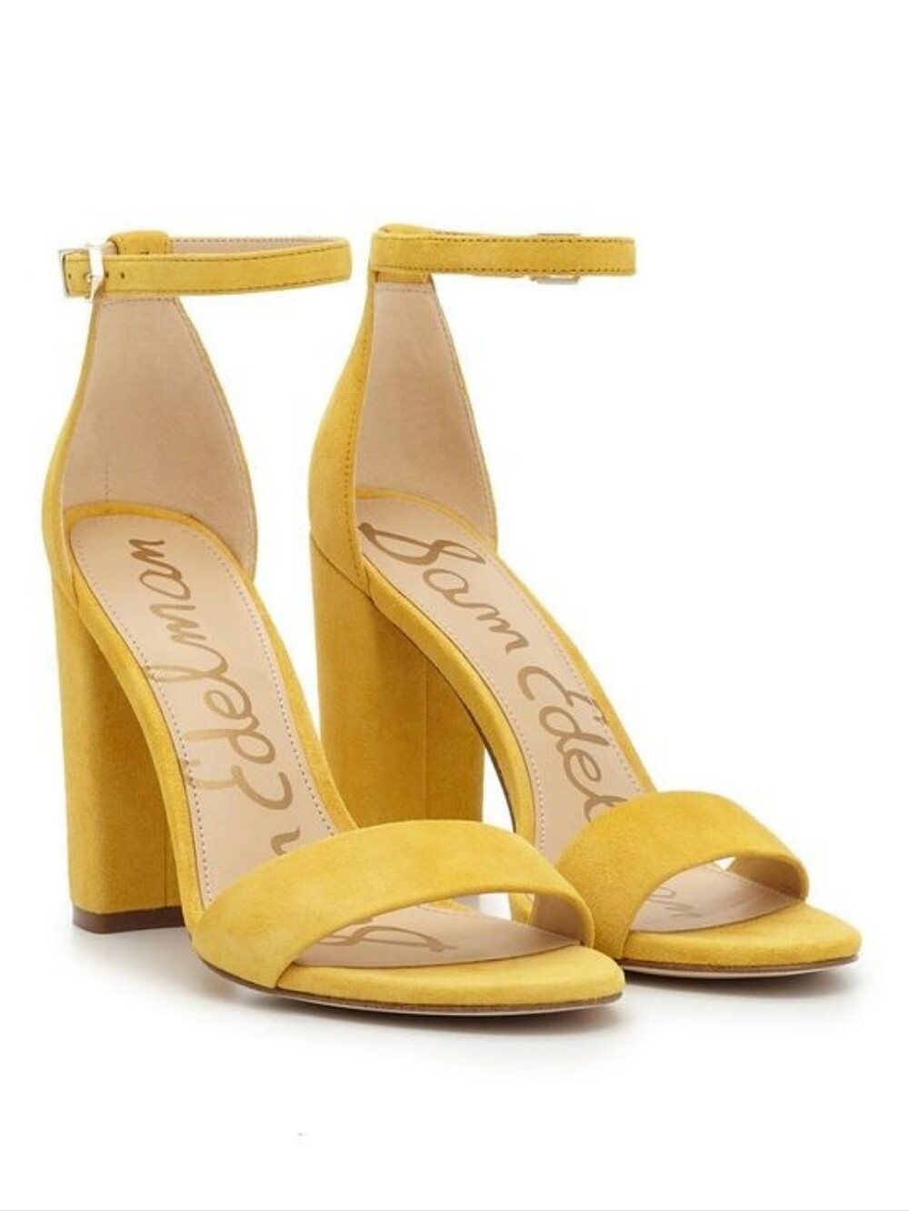 Sam Edelman Revolve Yaro Mustard Yellow Velvet Velour Block Heel Sandals